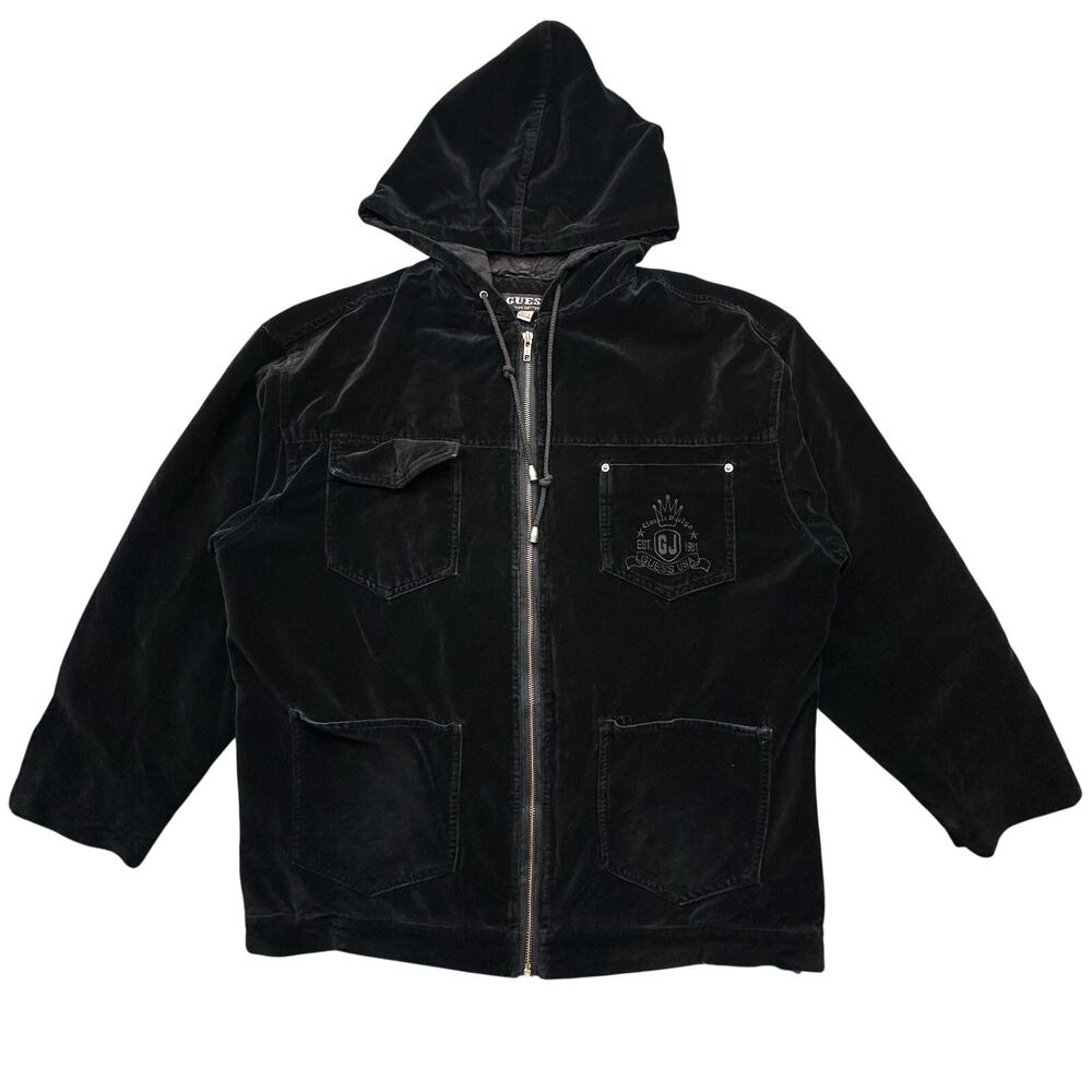 Vintage 90s Guess USA Velour Full Zip Jacket Men XL Velvet Black Hoodie